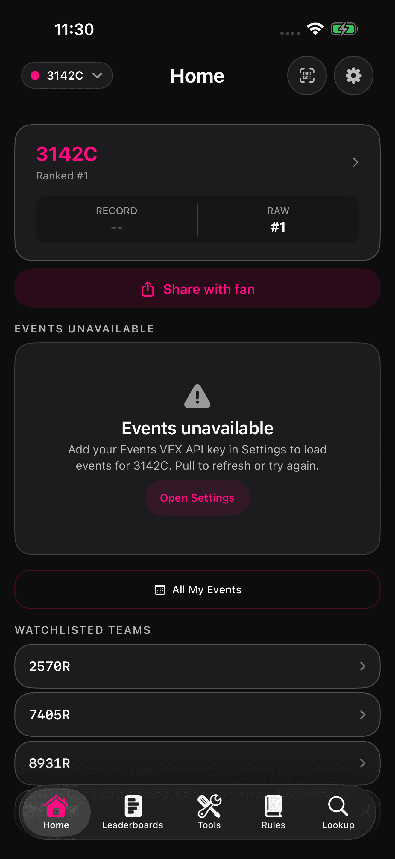 Scoutly dark mode Home screen for Push Back with team watchlist context