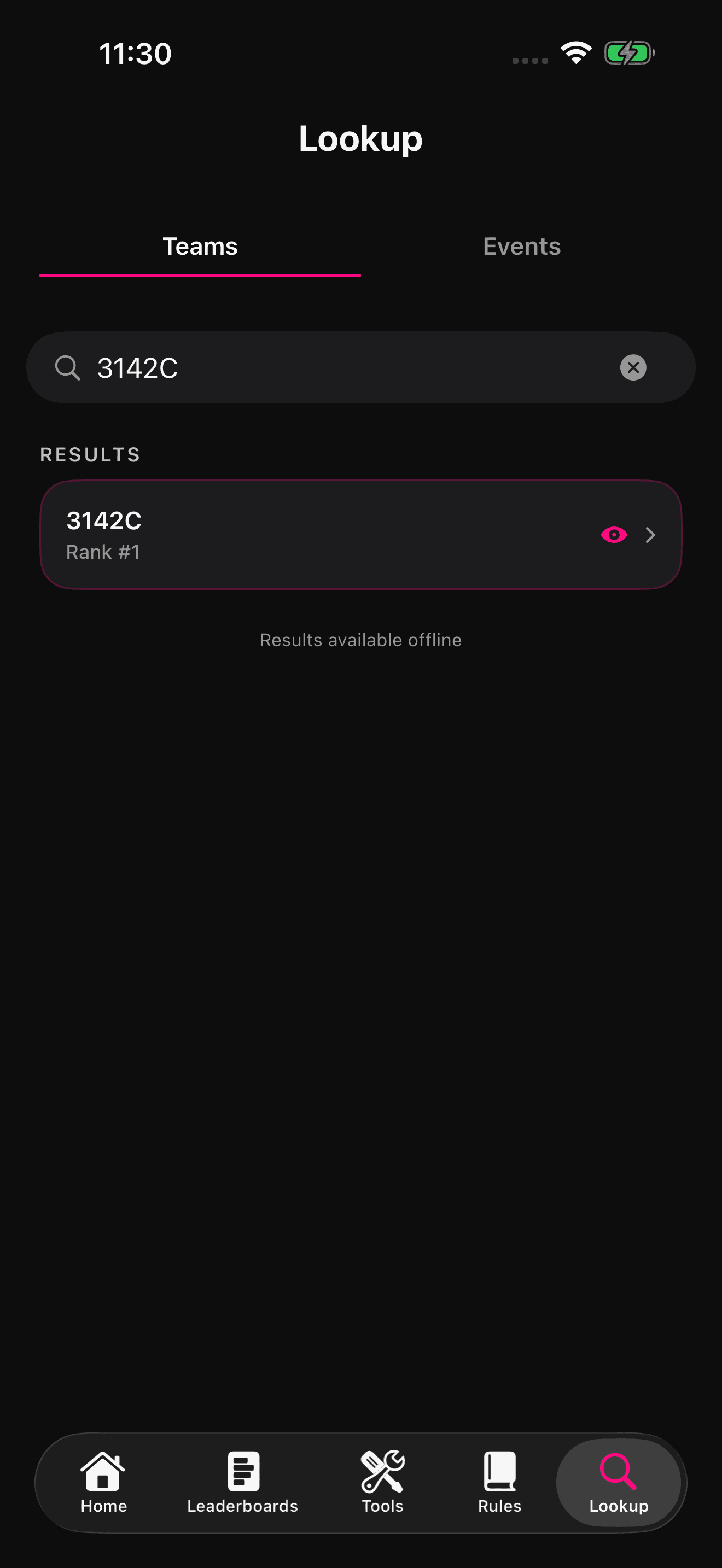 Scoutly dark mode Lookup screen for Push Back showing team profile data
